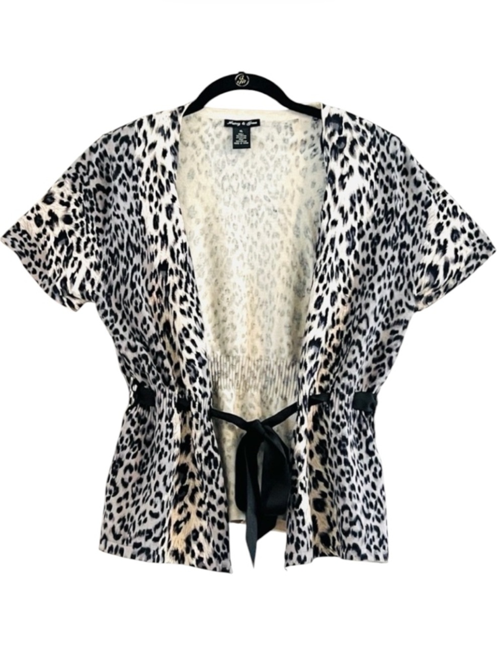 Audrey & Grace Leopard Print Short Sleeve Cardigan With Ribbon Tie Waist Size XL
